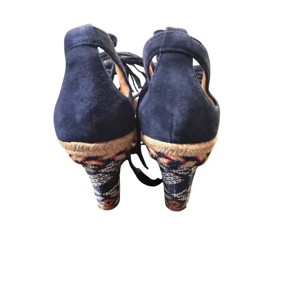 Cabi Maravilla Wedge Sandals Navy Blue Suede Lace Up Espadrille Boho 5275 SZ 6